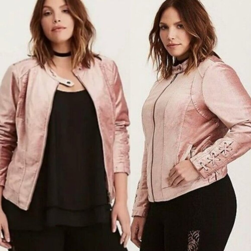 Torrid Crushed Velvet Lace Up Sleeve Moto Jacket in Iced Pink